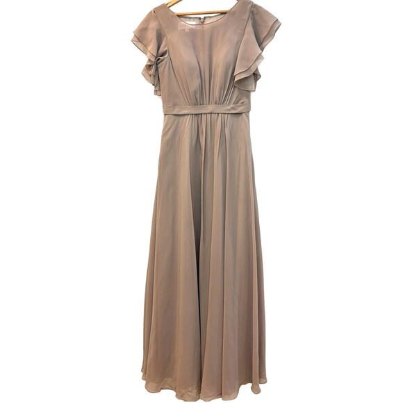 Azazie Dresses & Skirts - AZAZIE Special Occasions Long Taupe Modest Cut Ruffle Short Sleeve Sz 6